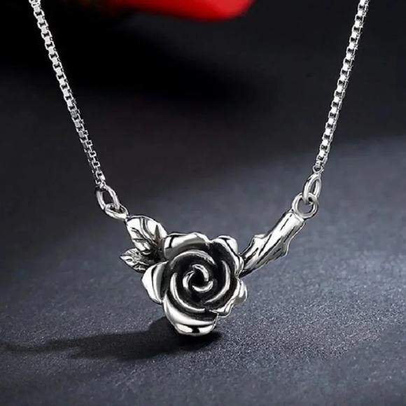 925 Sterling Silver Rose Necklace, Vintage Rose Pendant Box Chain Necklace - Picture 2 of 5